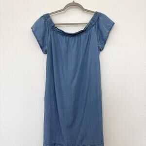 KUT Chambray Off Shoulder Dress Blue Tencel Size 6 Pockets Casual Summer